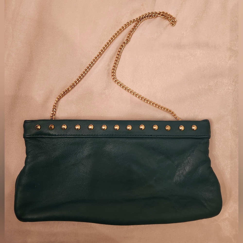Cyan Color Leather Clutch with Gold Chain